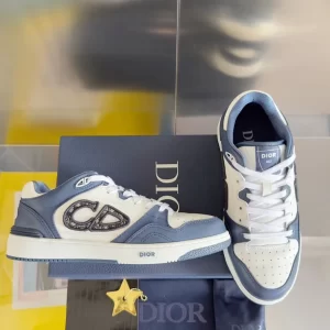 B57 Low-Top Sneaker Navy Blue and White Smooth Calfskin with Beige and Black Dior Oblique Jacquard - DS62